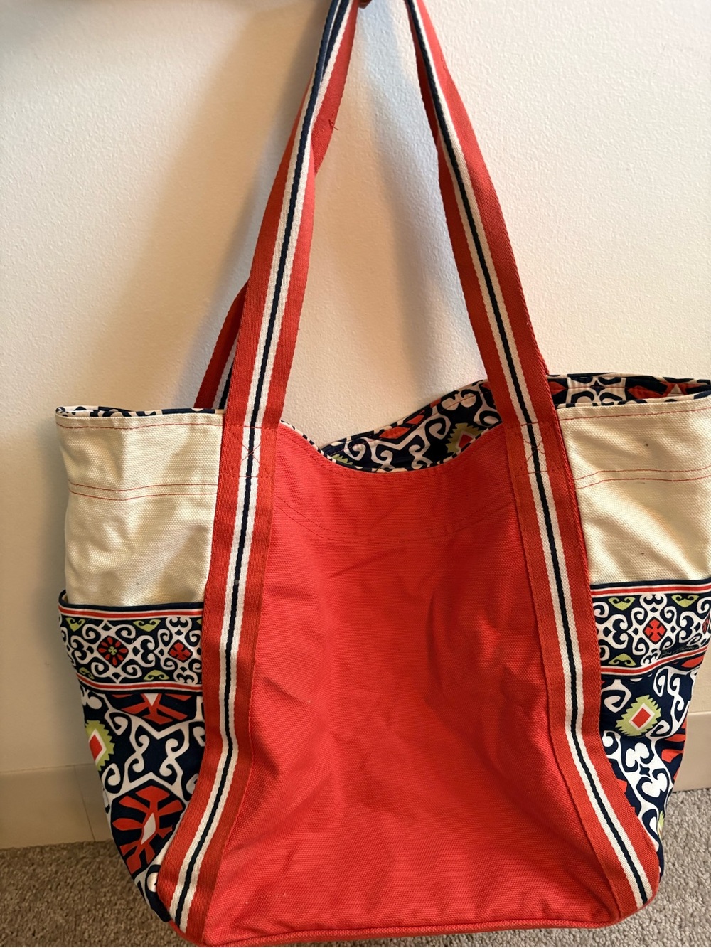 Vera Bradley Coral Canvas Tote with Patterned Trim